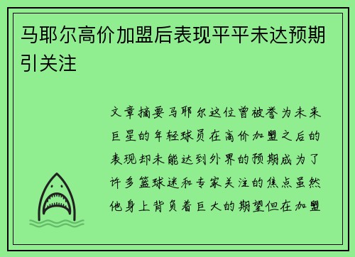马耶尔高价加盟后表现平平未达预期引关注